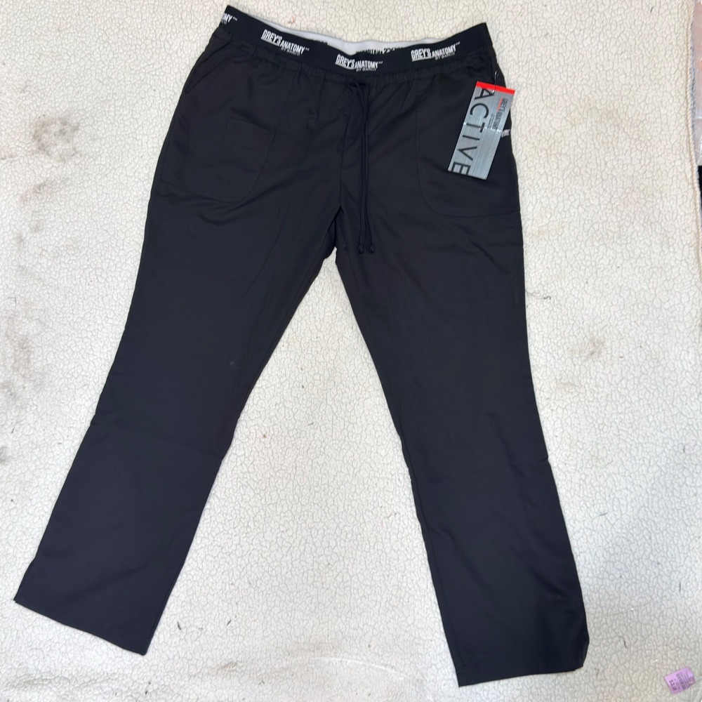 Greys Anatomy Scrub Pants Womens XL Black Poly Rayon Active Logo Waist 4275 NWT